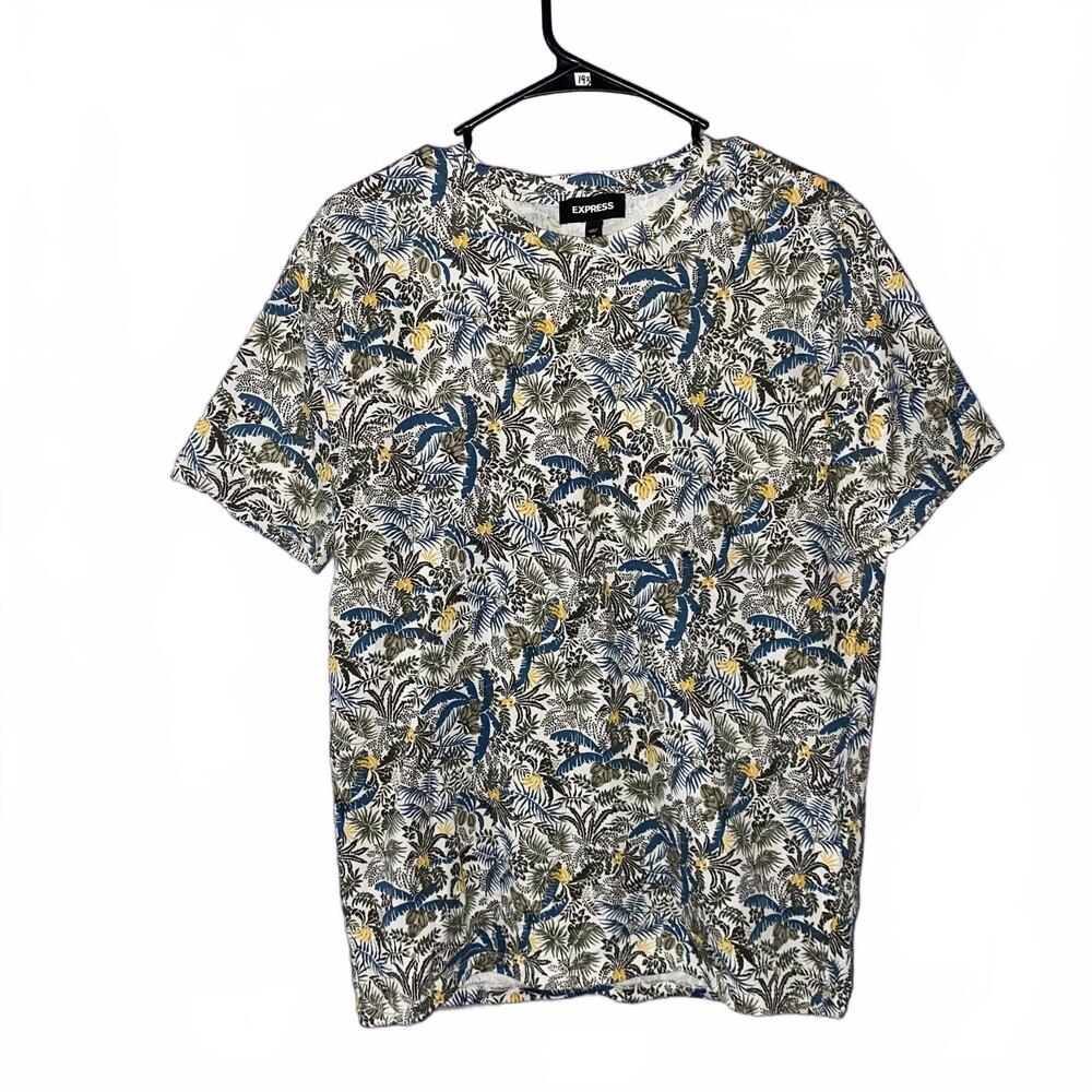 Express M Men Tropical Floral Tee Blue Yellow Gray Print Soft Casual Fit